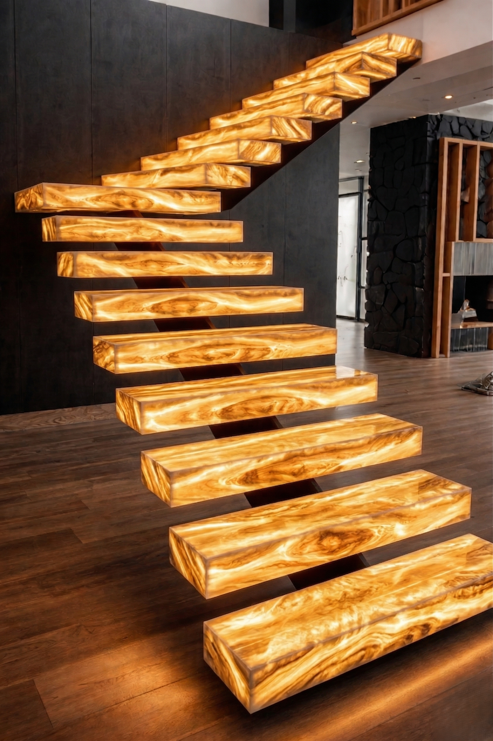 Escalier marbre suspendu pierre brute