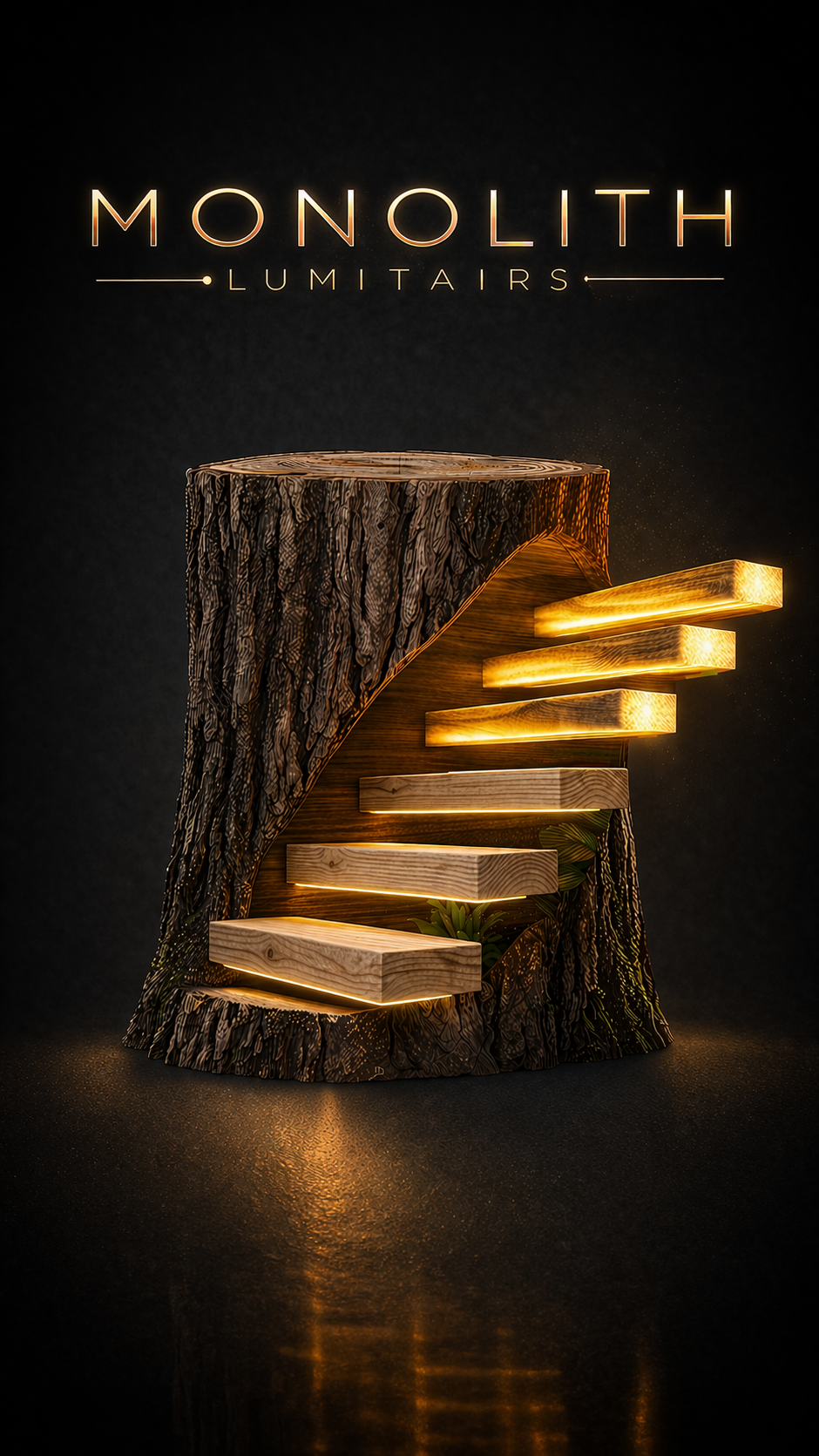 Escalier suspendu lumineux dans un tronc sculpt&eacute;