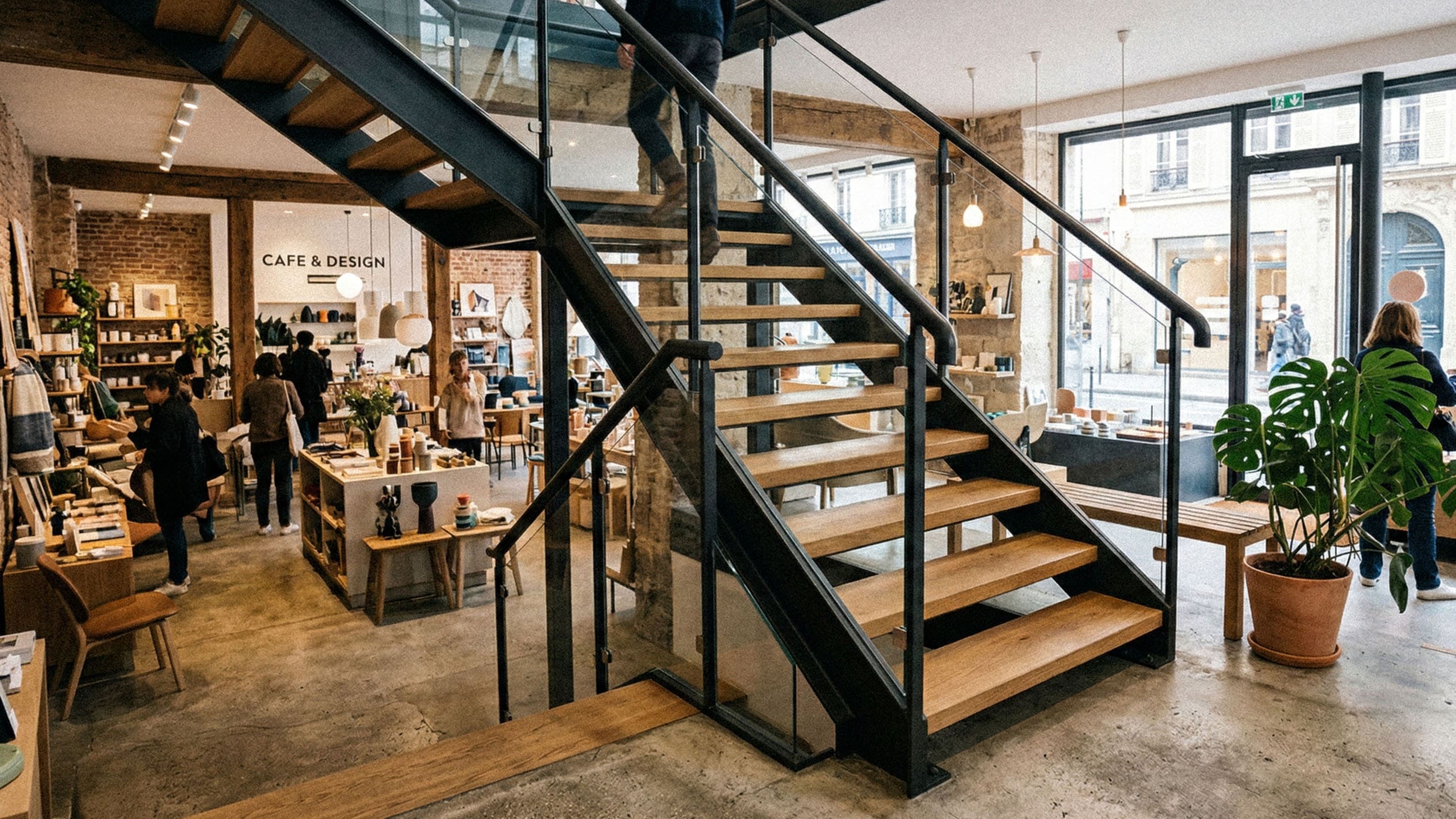Escalier suspendu design dans une boutique de luxe