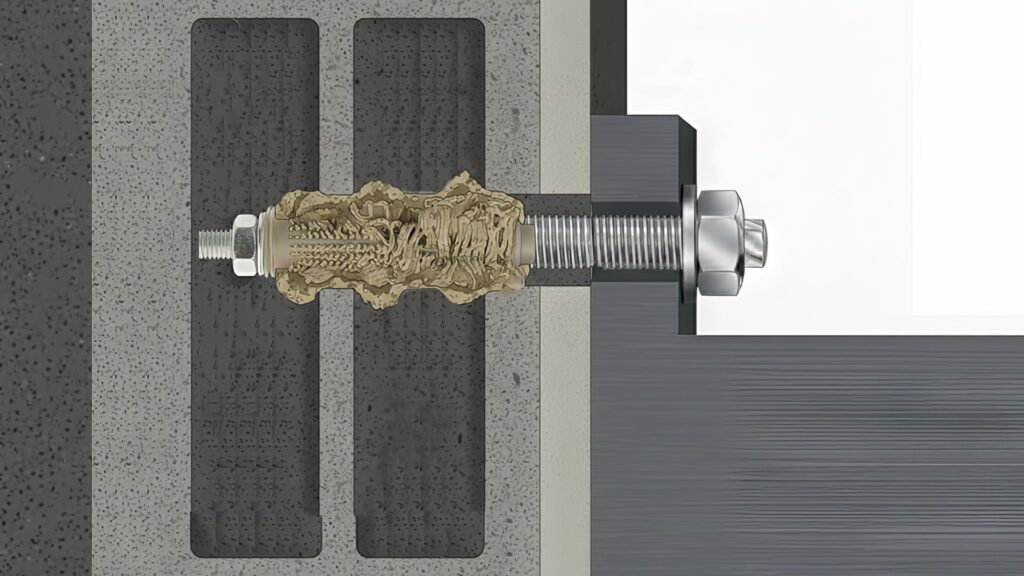Schéma de fixation d'une cheville chimique dans un parpaing creux d'un support d'escalier suspendu monolith