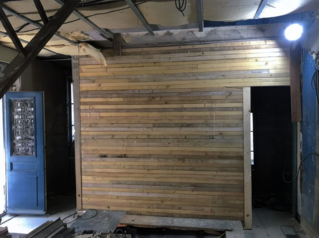 Mur en bois pour escalier suspendu monolith